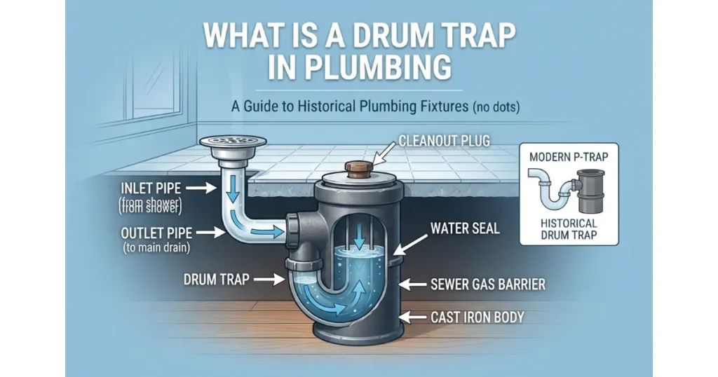 An educational cutaway diagram titled "What Is a Drum Trap in Plumbing" showing the historical fixture with labels for inlet/outlet pipes, cleanout plug, water seal, and cast iron body, compared to a modern P-trap.