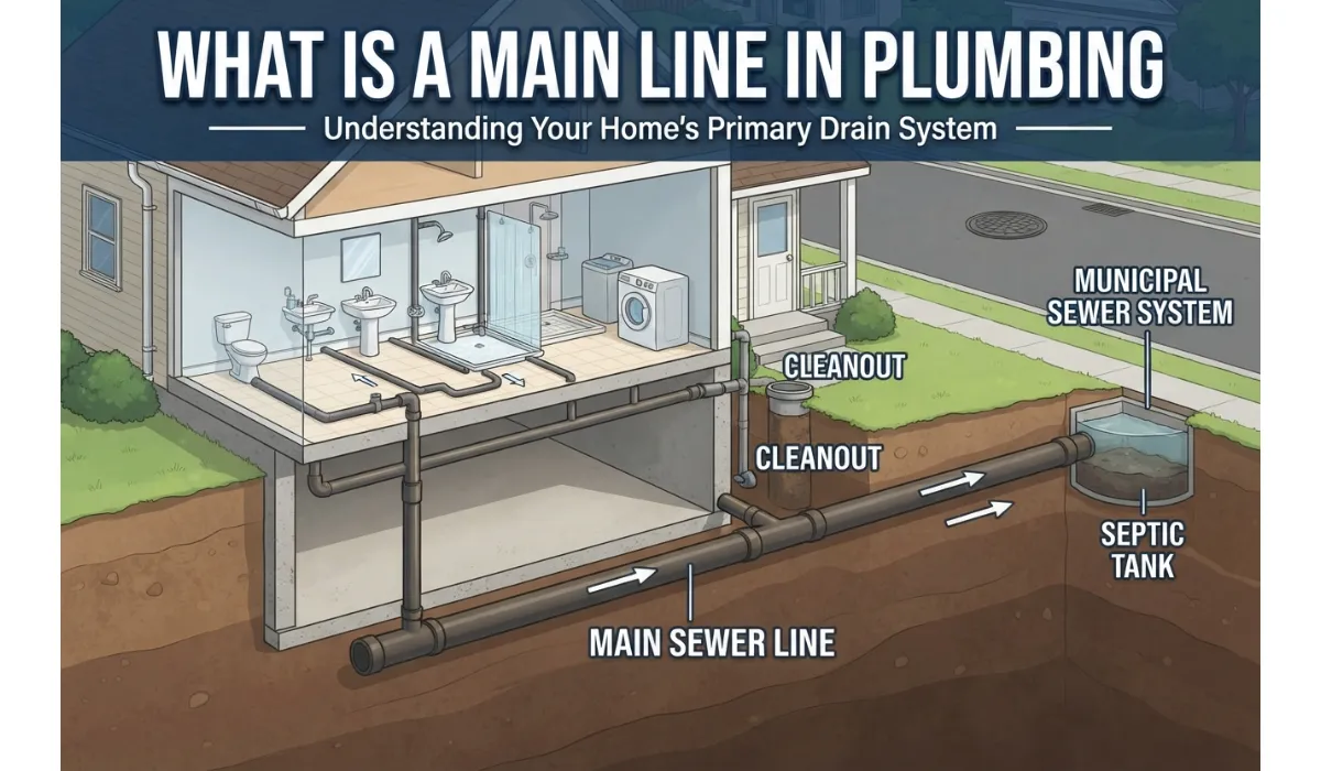 Cutaway infographic of a residential plumbing system showing the main sewer line running underground from the house to the municipal sewer and septic tank.
