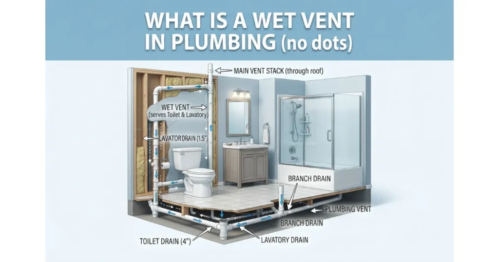Diagram showing a residential plumbing system explaining what a wet vent is with labeled pipes and drains