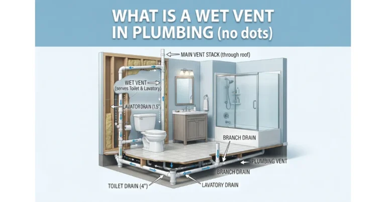 Diagram showing a residential plumbing system explaining what a wet vent is with labeled pipes and drains