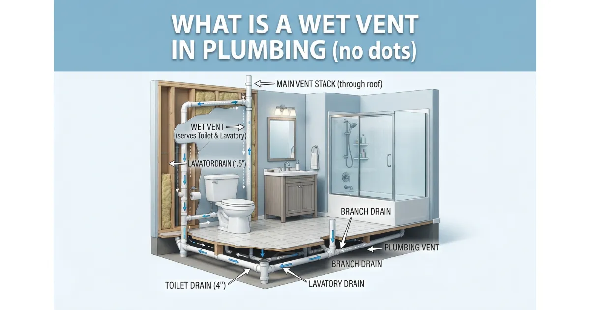 Diagram showing a residential plumbing system explaining what a wet vent is with labeled pipes and drains
