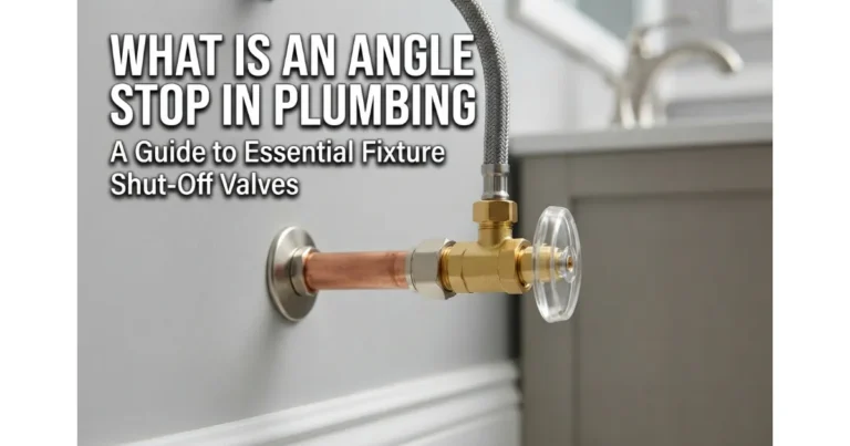 Close-up of a brass angle stop valve connected to a copper pipe and supply line in a bathroom