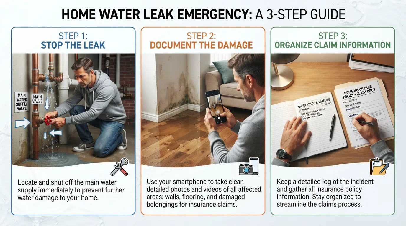 Step-by-step home leak response guide showing a homeowner shutting off the main water valve, documenting water damage with a smartphone camera, and preparing an insurance claim.