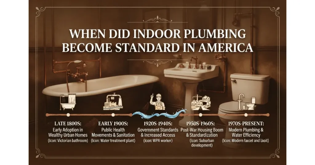 A historical timeline infographic illustrating the evolution of American plumbing from the late 1800s to the present day, featuring vintage fixtures and modern icons.