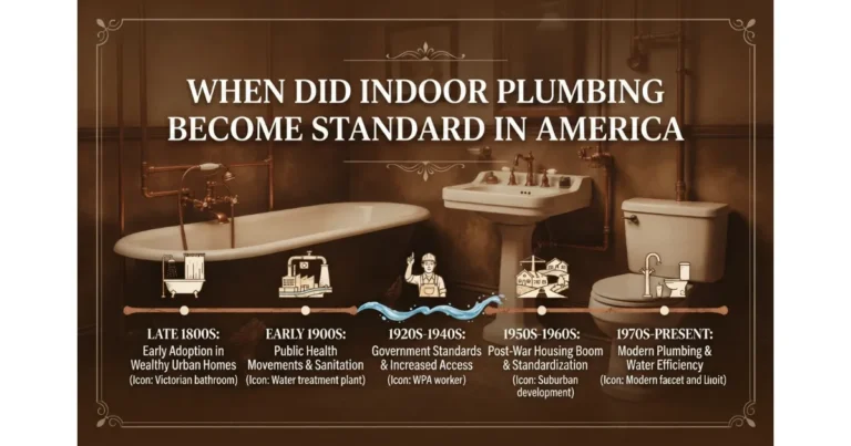 A historical timeline infographic illustrating the evolution of American plumbing from the late 1800s to the present day, featuring vintage fixtures and modern icons.