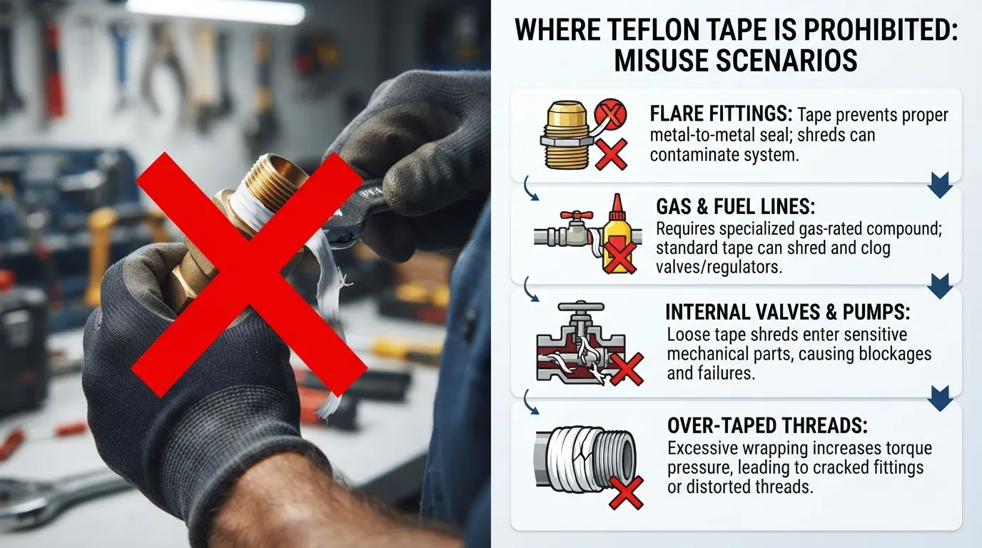 Close-up of a pipe fitting showing incorrect thread sealant application alongside a warning icon and a list of plumbing connections where Teflon tape should be avoided.