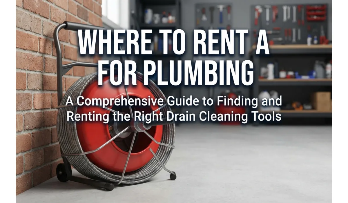 A professional plumbing drain snake machine in a workshop, ready for clearing blocked pipes and sewer lines.