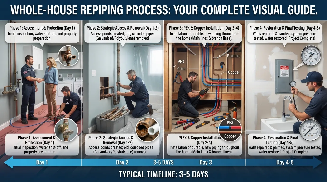 A professional plumber inspecting and replacing old plumbing pipes during a whole-house repipe project, showing the step-by-step process and timeline.