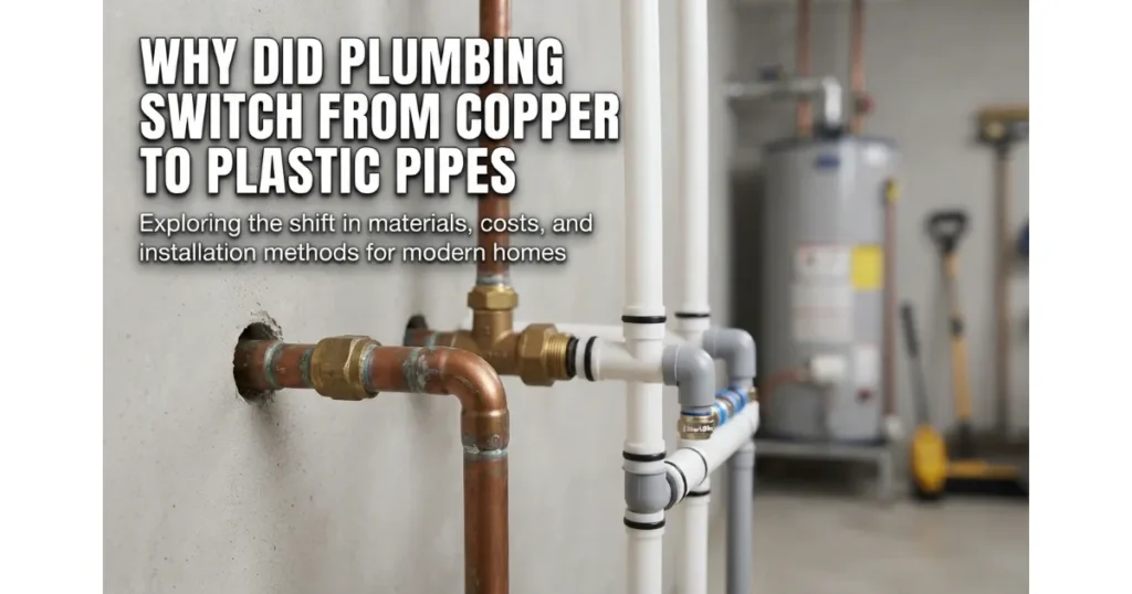 Detailed close-up of traditional copper plumbing pipes and modern PEX plastic pipes connected together in a utility room setting
