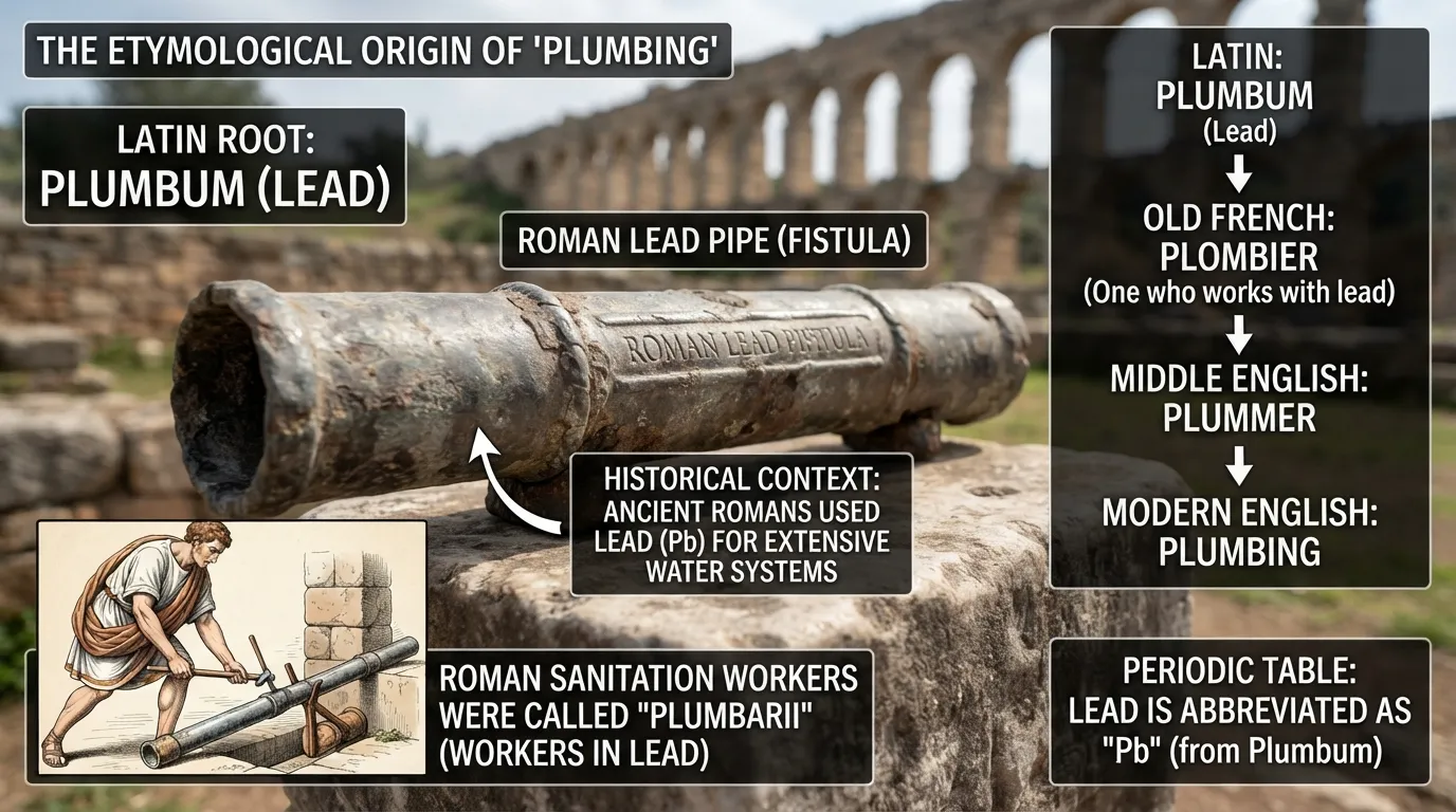 An old lead pipe system showcasing ancient Roman plumbing architecture and the origin of the word plumbing from the Latin word plumbum.