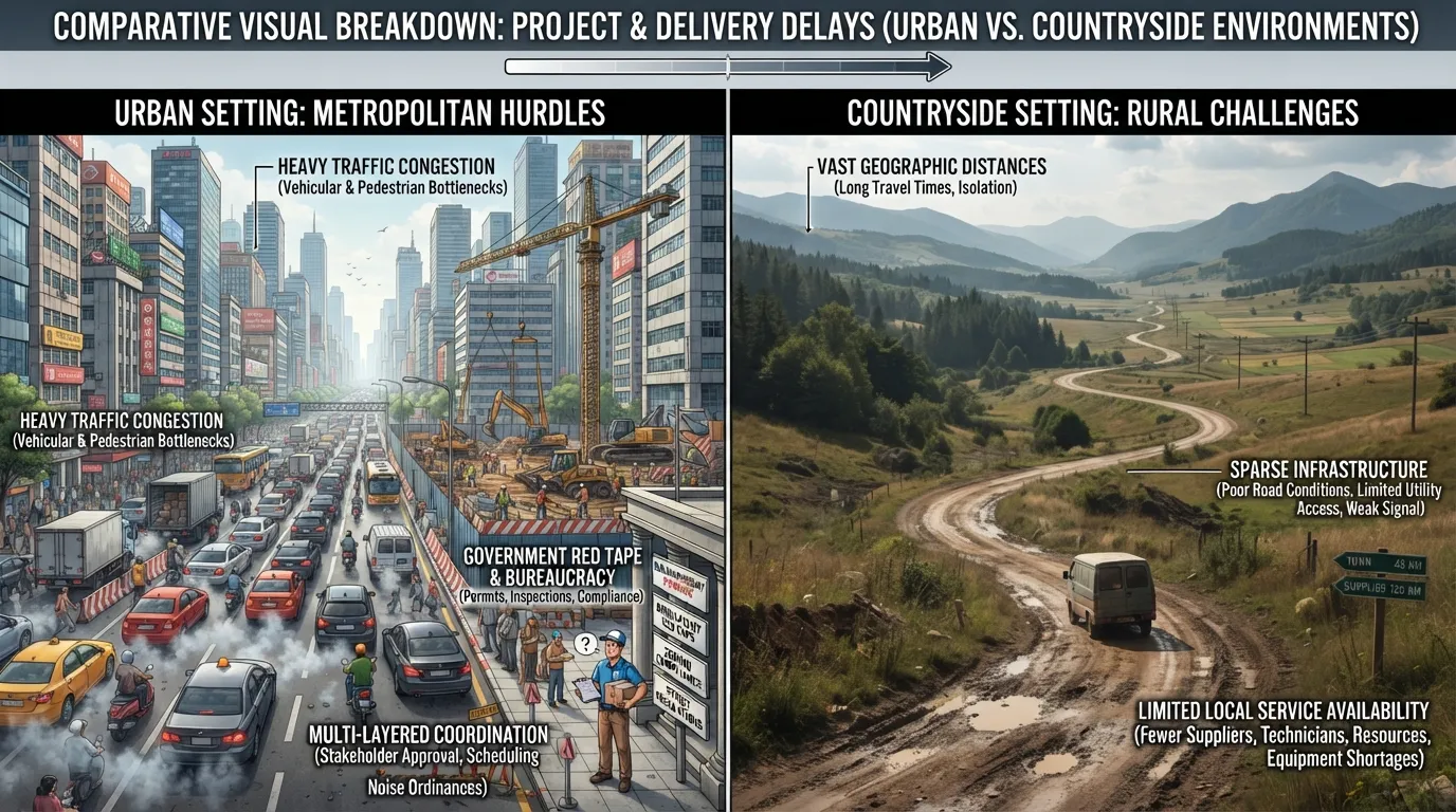 A side-by-side comparative infographic showing urban vs. rural logistical bottlenecks, highlighting city traffic congestion and remote countryside delivery challenges.