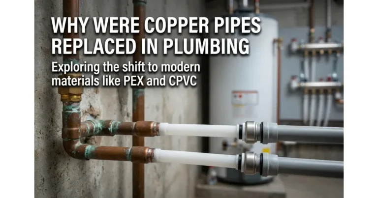 Close-up of aging copper plumbing pipes transitioning to modern PEX and CPVC piping against a concrete wall in a basement