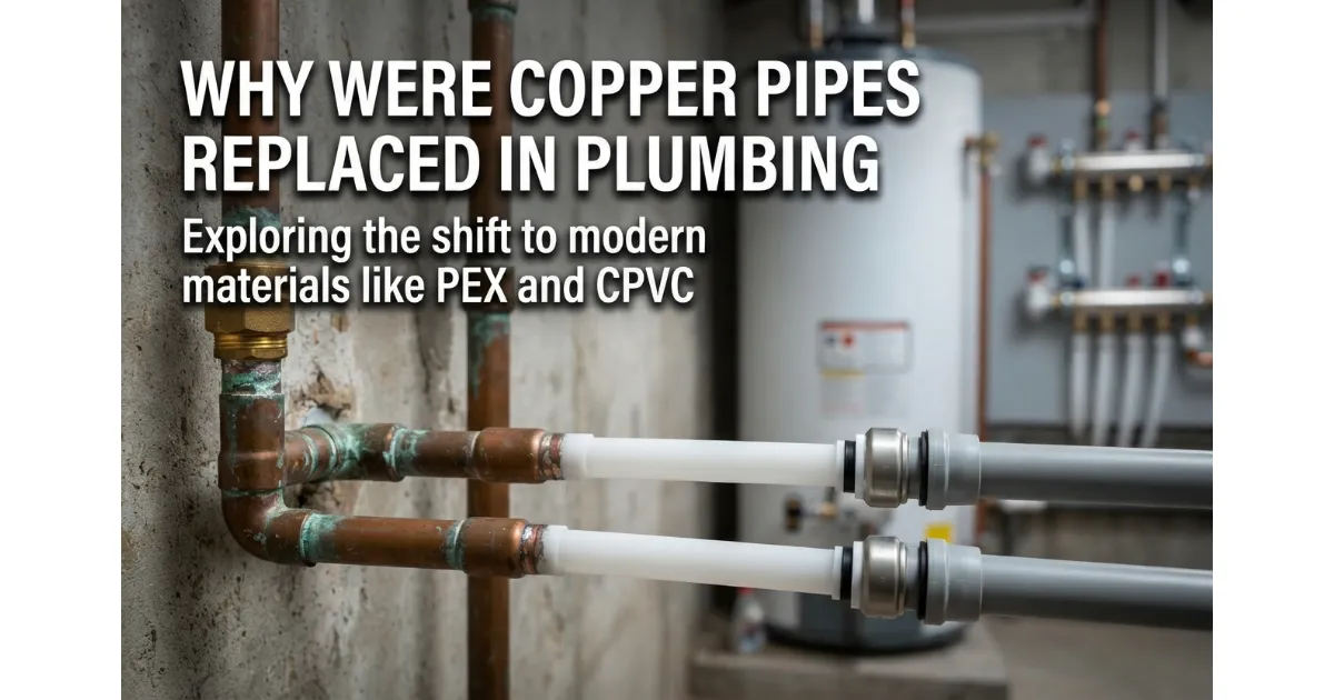 Close-up of aging copper plumbing pipes transitioning to modern PEX and CPVC piping against a concrete wall in a basement
